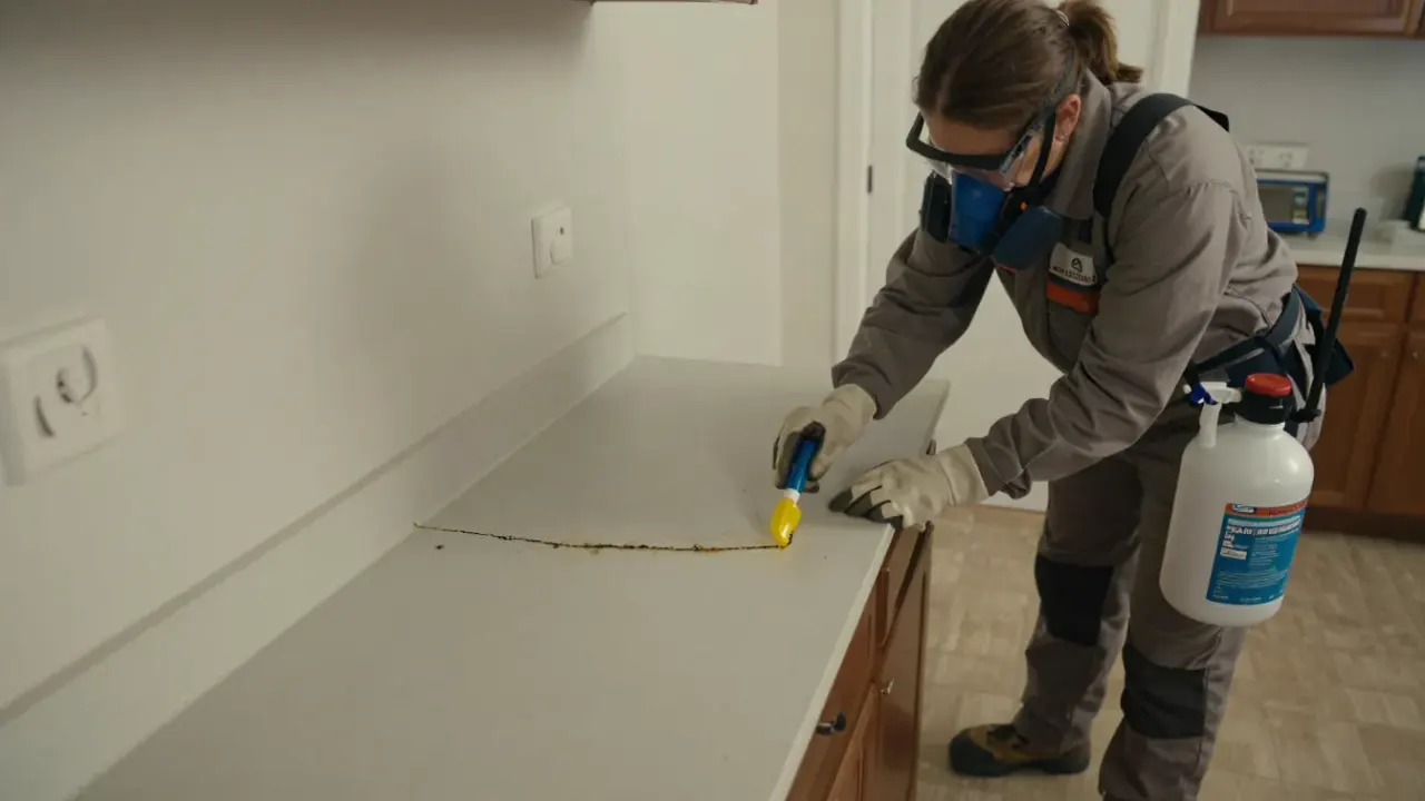 Ant Control in NEW JERSEY: pest control technician applying ant bait gel to a crack in a kitchen countertop