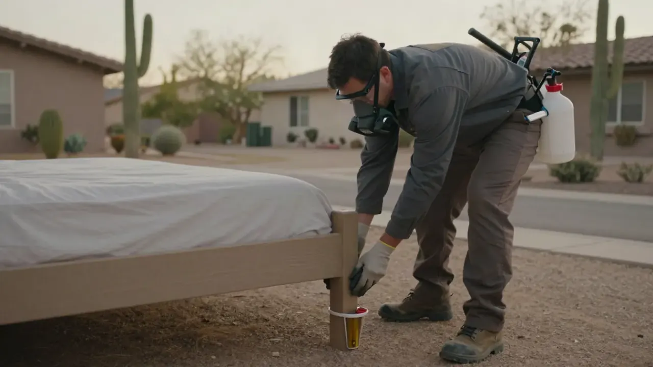 Bed Bug Treatment in NEW JERSEY: pest control technician placing a bed bug interceptor cup under a bed leg