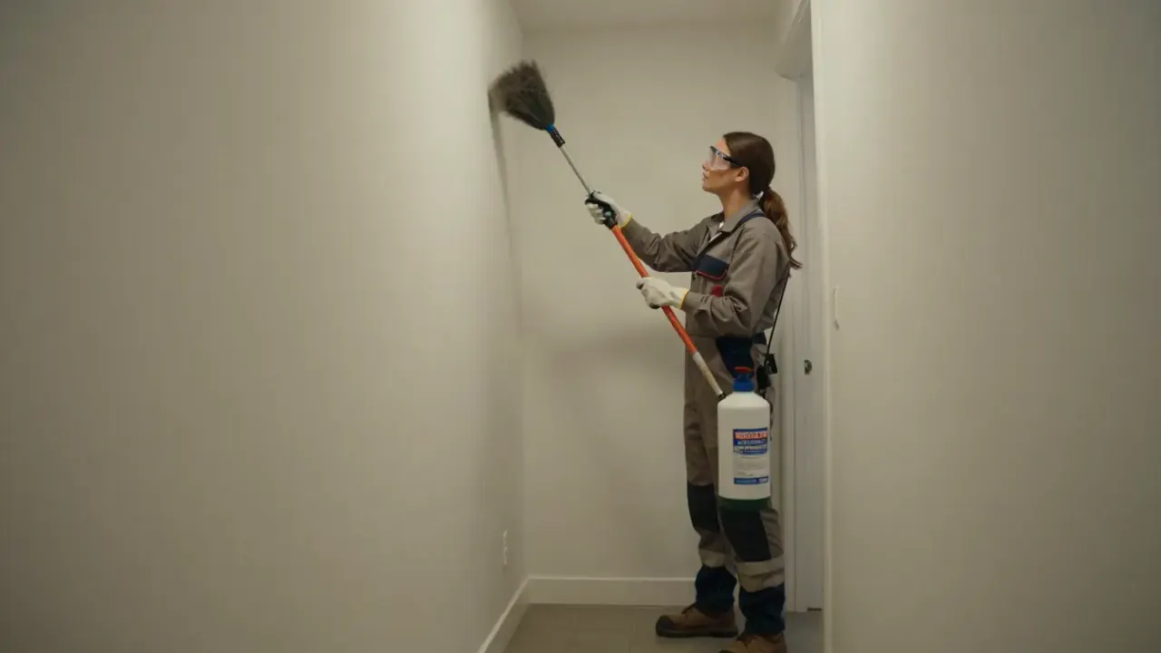 General Pest Control in NEW JERSEY: pest control technician carefully dusting insecticide into a wall void using a hand