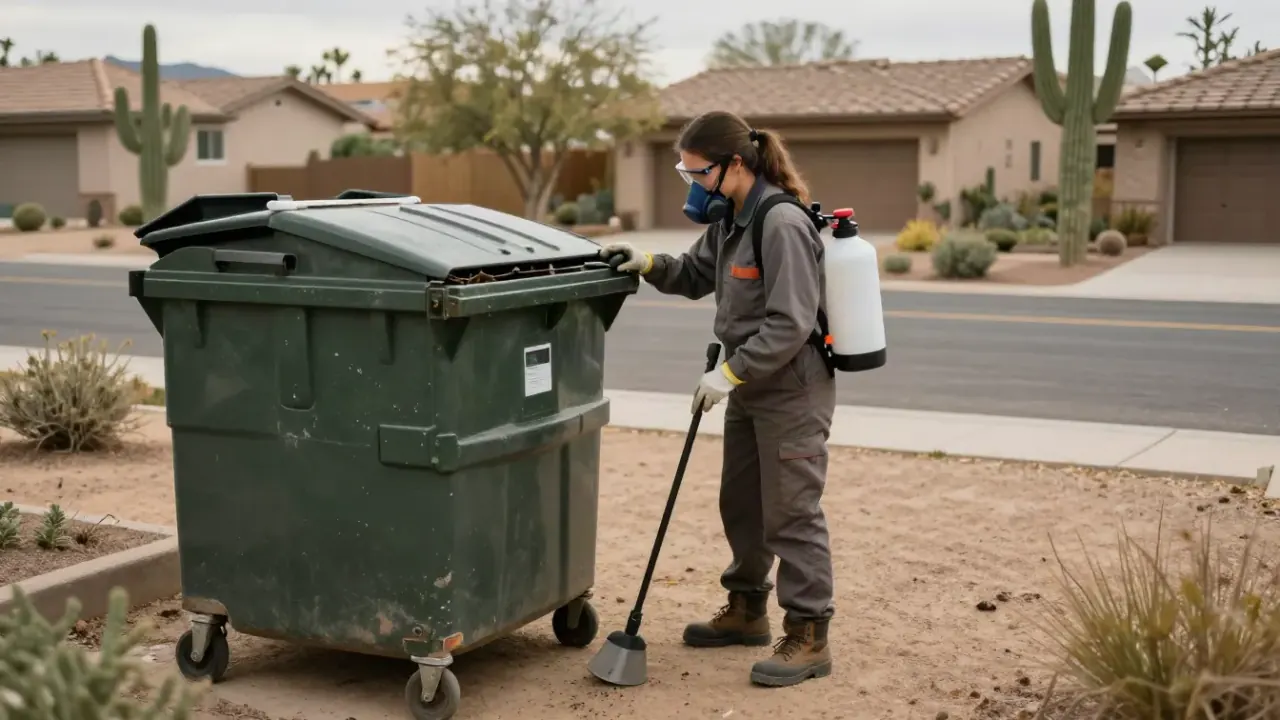 PEST CONTROL in NEW JERSEY: pest control technician in full work attire carefully inspecting a commercial dumpster area for
