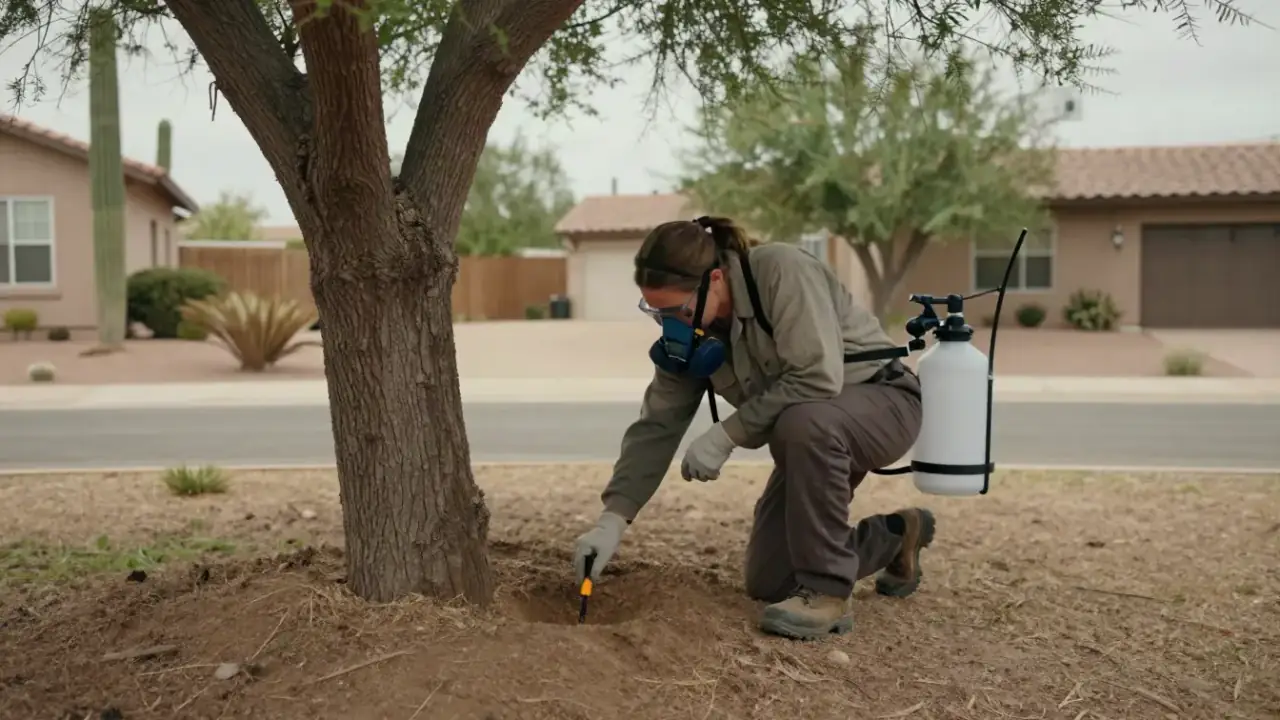 Termite Control in NEW JERSEY: pest control technician inserting a subterranean termite bait station into the ground near